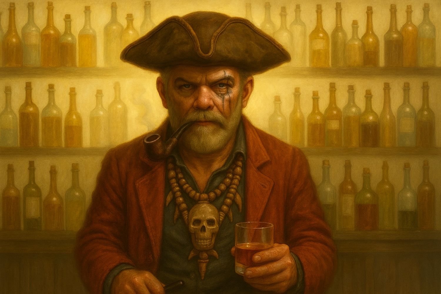 The Captain — pipe in hand and a glass of bourbon before a wall of backlit bottles